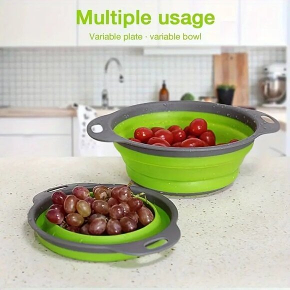 2-Pack Collapsible Space-Saving Silicone Kitchen Colanders Green Strainers Round - Picture 5 of 6